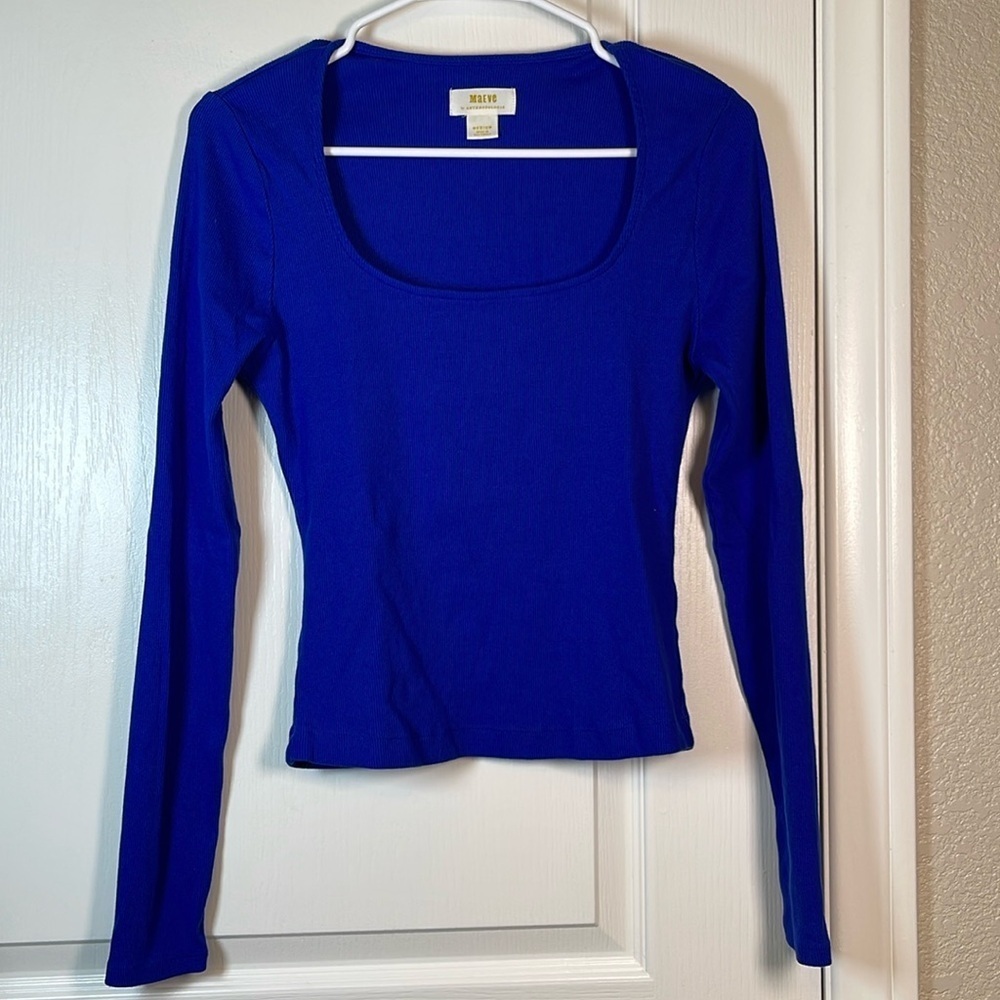 Maeve Anthropologie Blue Scoop Neck L/S Ribbed Blouse Shirt Medium EUC #0549-OC - Picture 2 of 6